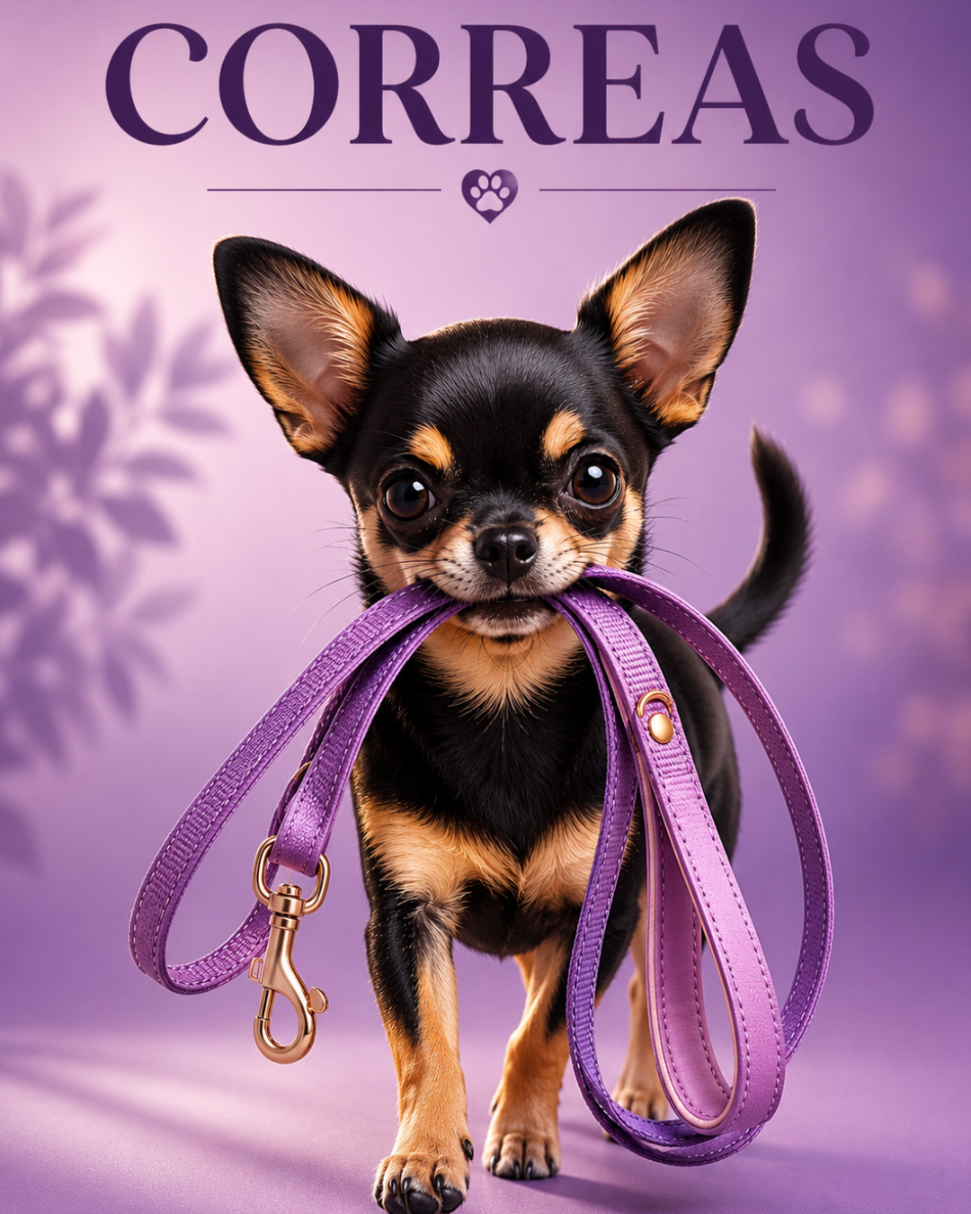 Chihuahua con correa en la boca